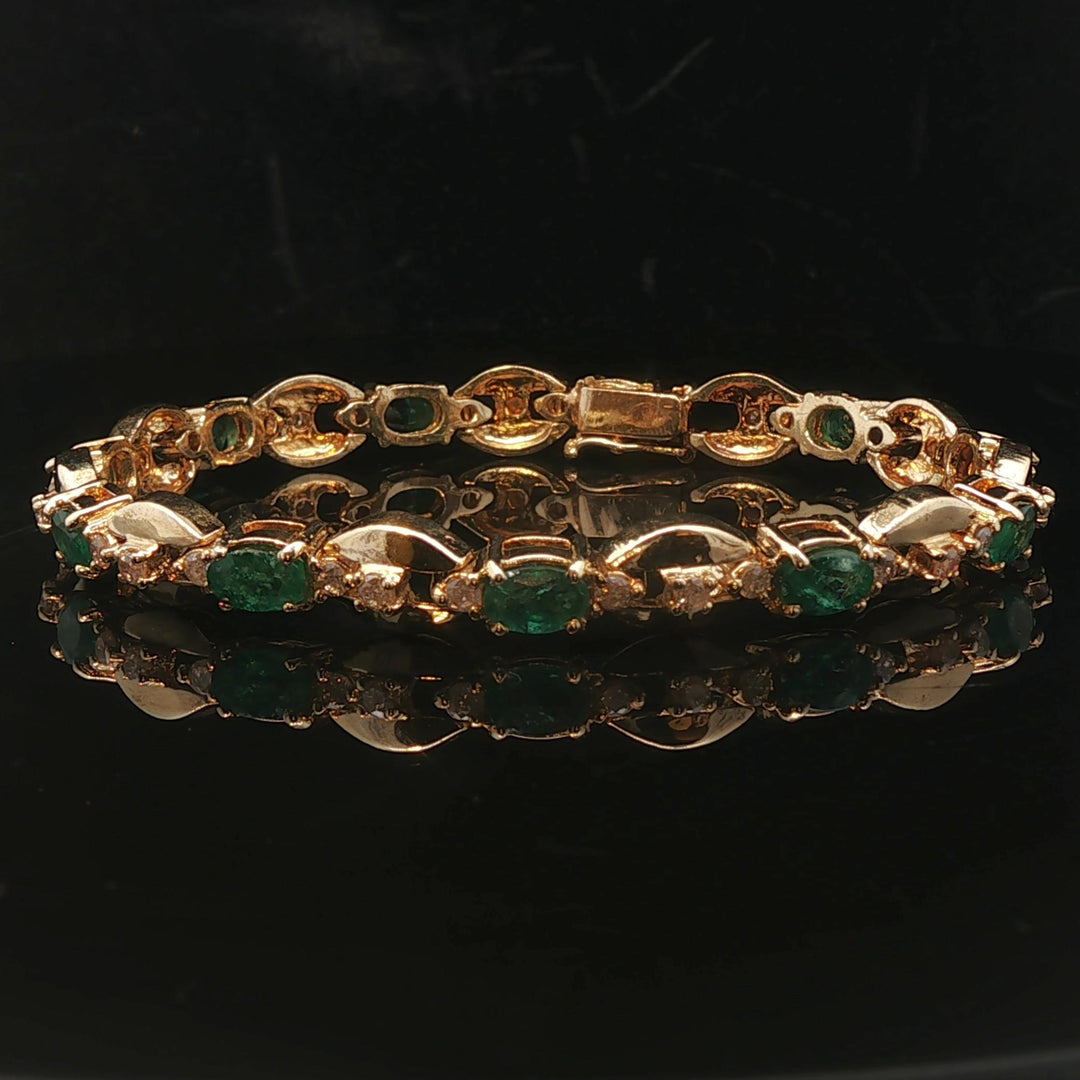 14k Yellow Gold Emerald and Diamond 20.7g Ladies Fancy Link Bracelet 7.25"