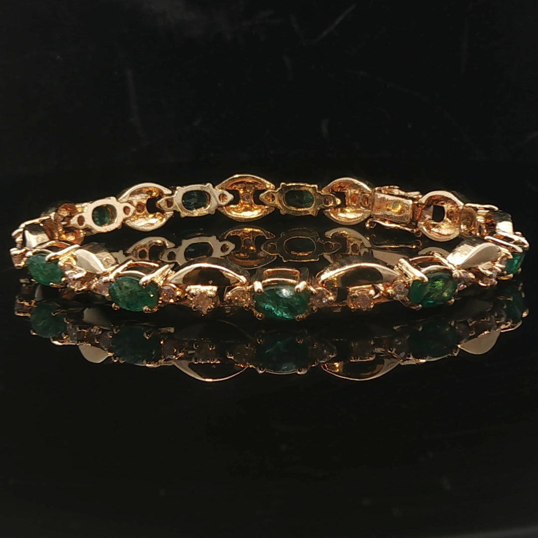 14k Yellow Gold Emerald and Diamond 20.7g Ladies Fancy Link Bracelet 7.25"
