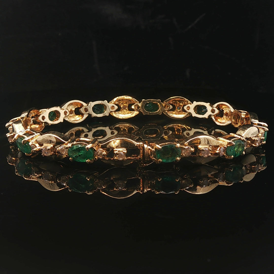 14k Yellow Gold Emerald and Diamond 20.7g Ladies Fancy Link Bracelet 7.25"