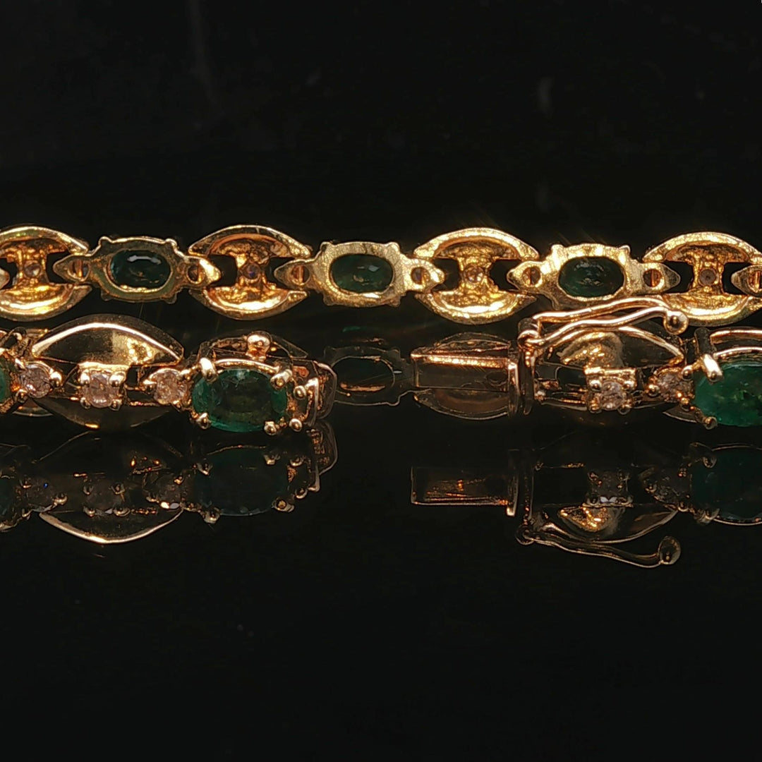 14k Yellow Gold Emerald and Diamond 20.7g Ladies Fancy Link Bracelet 7.25"