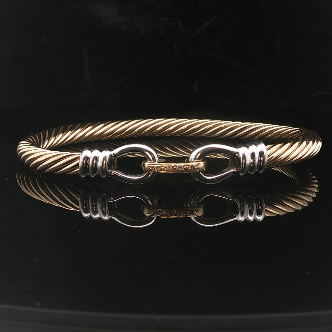 14k Yellow and White Gold 12.2g Diamond Buckle Spiral Bangle Bracelet 6.75"