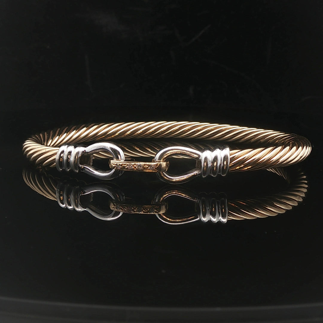 14k Yellow and White Gold 12.2g Diamond Buckle Spiral Bangle Bracelet 6.75"