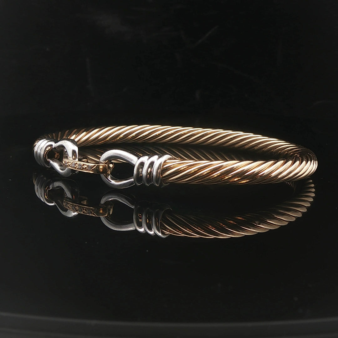14k Yellow and White Gold 12.2g Diamond Buckle Spiral Bangle Bracelet 6.75"