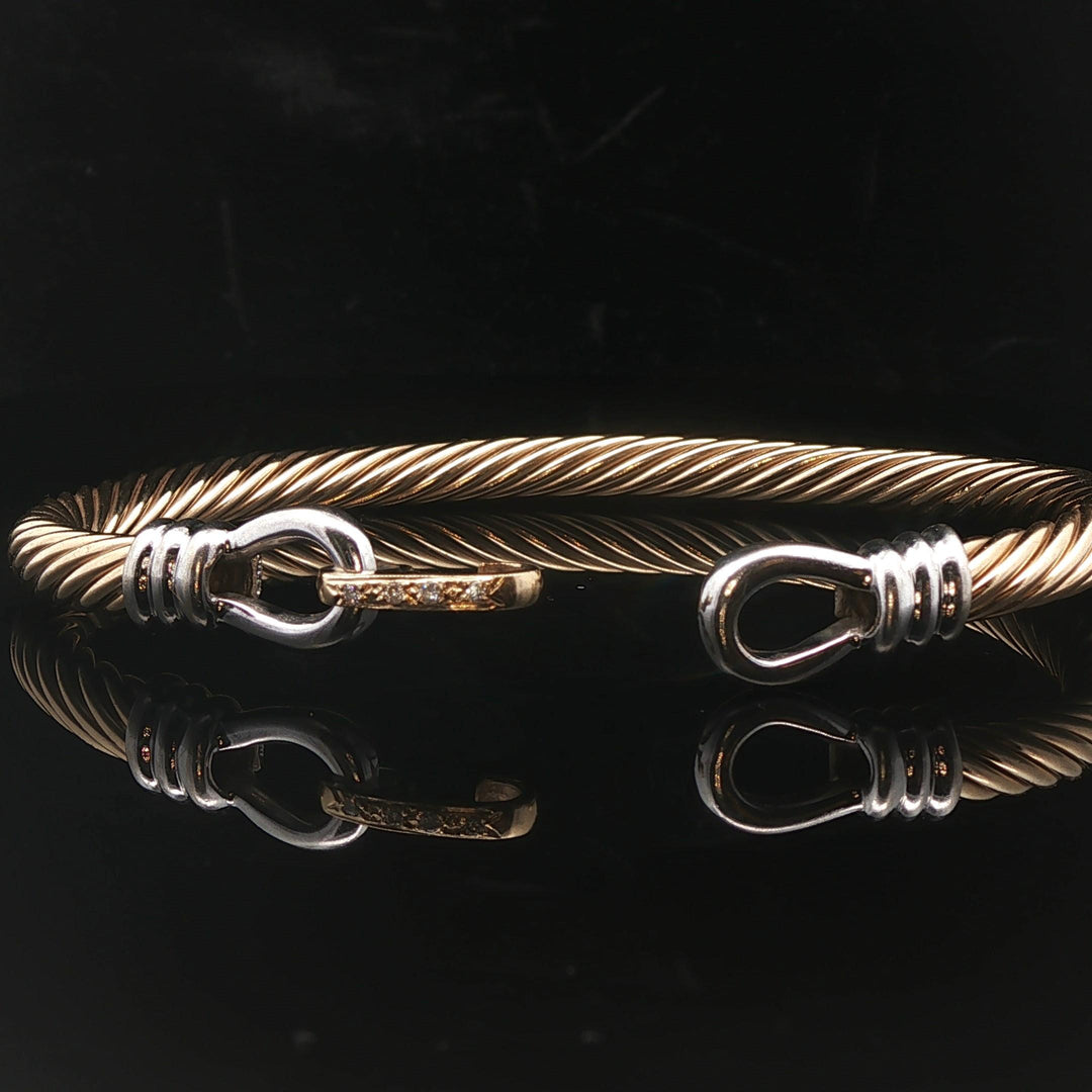 14k Yellow and White Gold 12.2g Diamond Buckle Spiral Bangle Bracelet 6.75"
