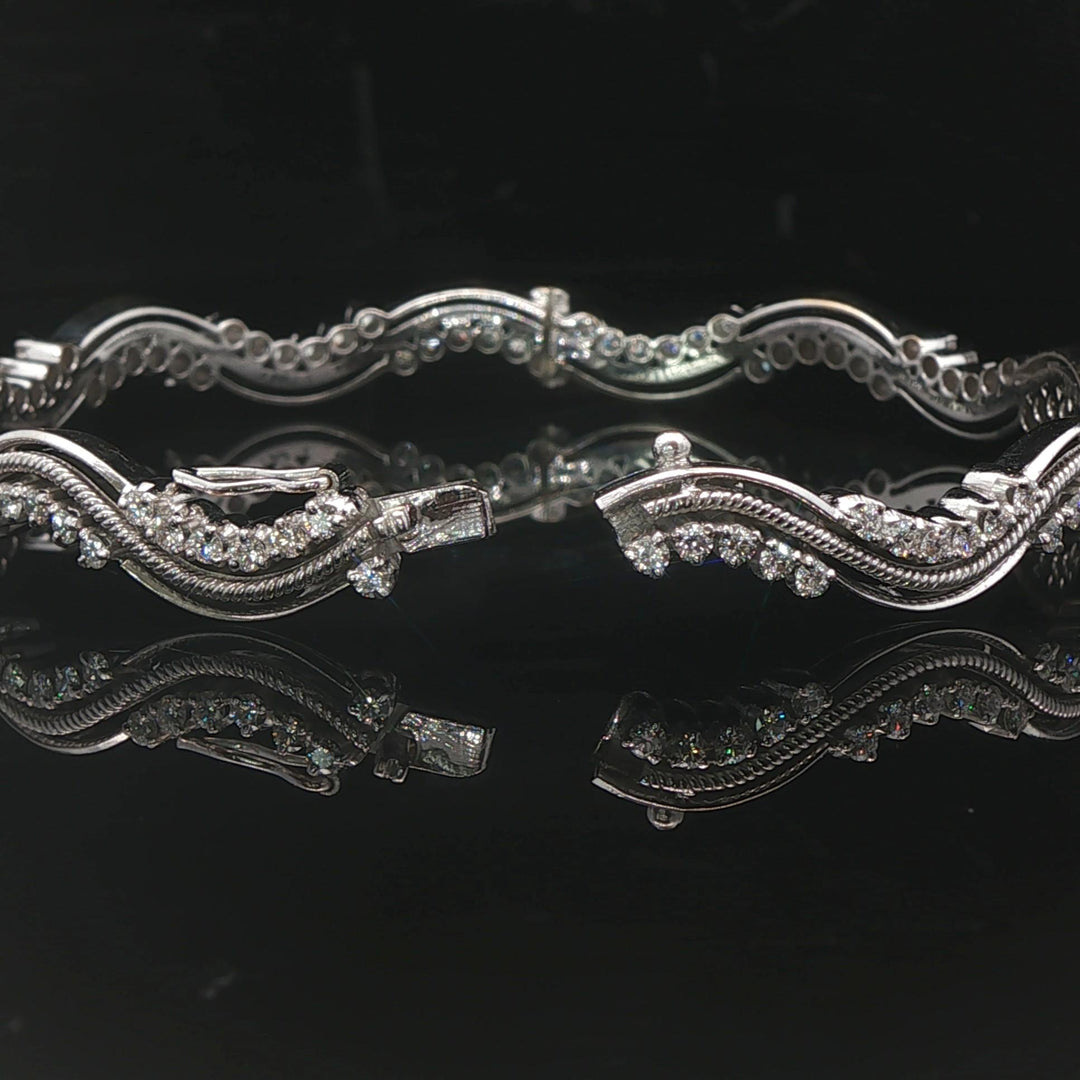 18k White Gold and 2.7cttw Diamond Heavy 25.7g Wave Bangle Bracelet 7"