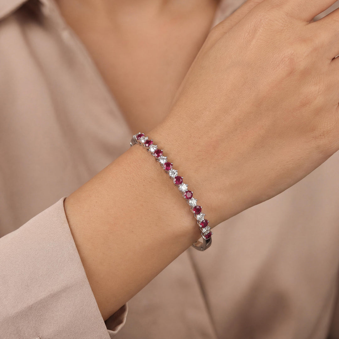 14k White Gold Ruby and 0.75cttw Diamond Solid Bangle Bracelet 6.25"