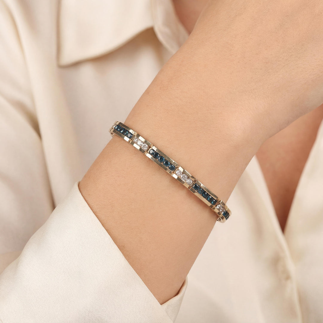 14k Yellow Gold and 4.5cttw Blue and White Diamond Bar Link Bracelet 7.25"