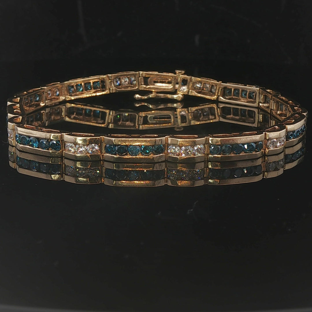 14k Yellow Gold and 4.5cttw Blue and White Diamond Bar Link Bracelet 7.25"