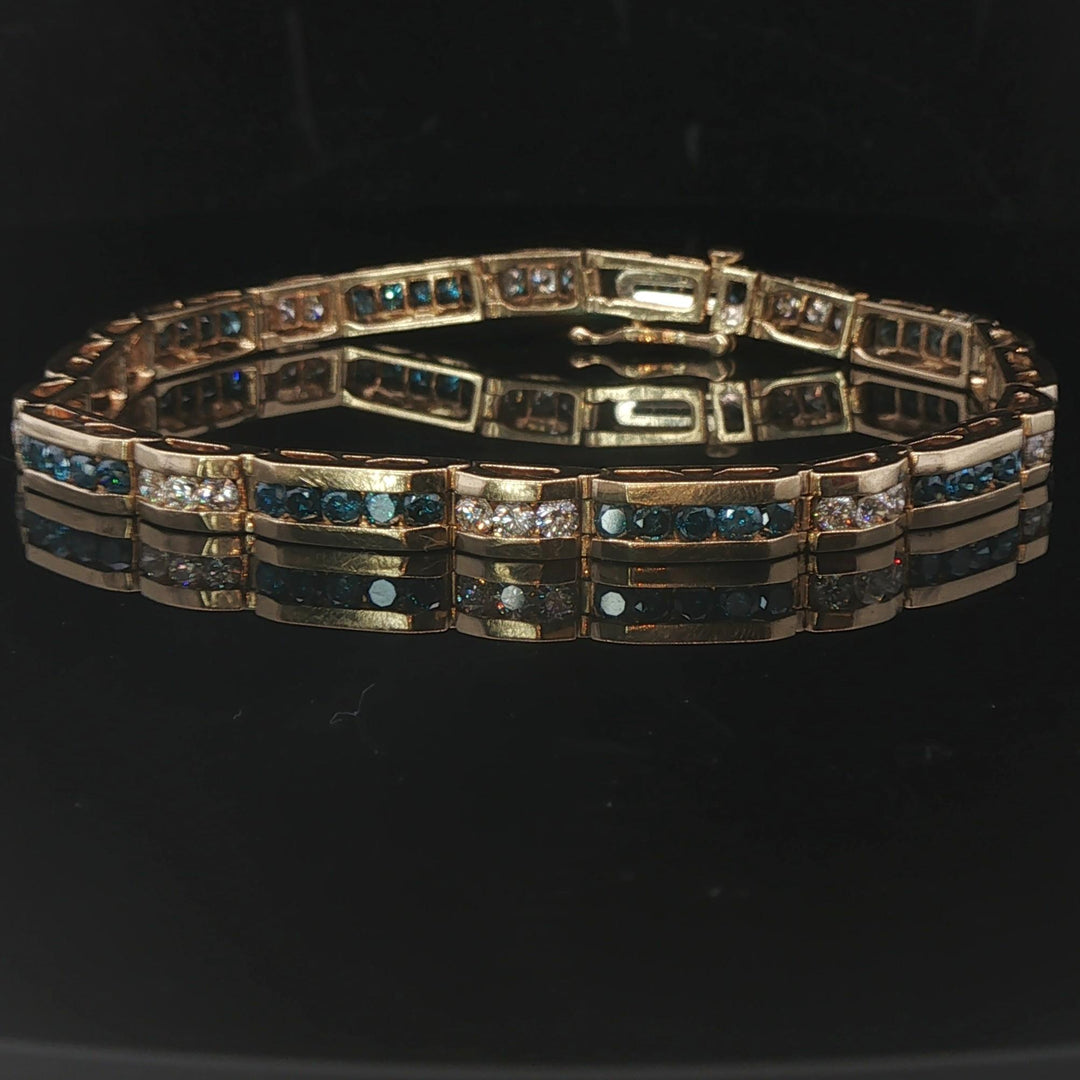 14k Yellow Gold and 4.5cttw Blue and White Diamond Bar Link Bracelet 7.25"
