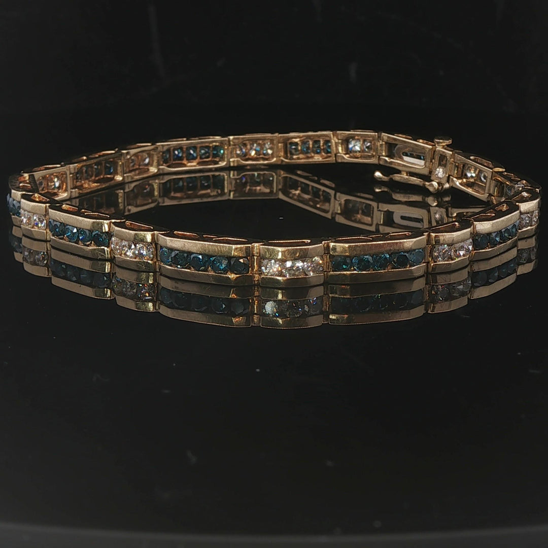 14k Yellow Gold and 4.5cttw Blue and White Diamond Bar Link Bracelet 7.25"