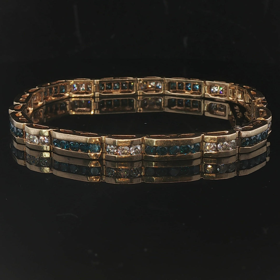 14k Yellow Gold and 4.5cttw Blue and White Diamond Bar Link Bracelet 7.25"