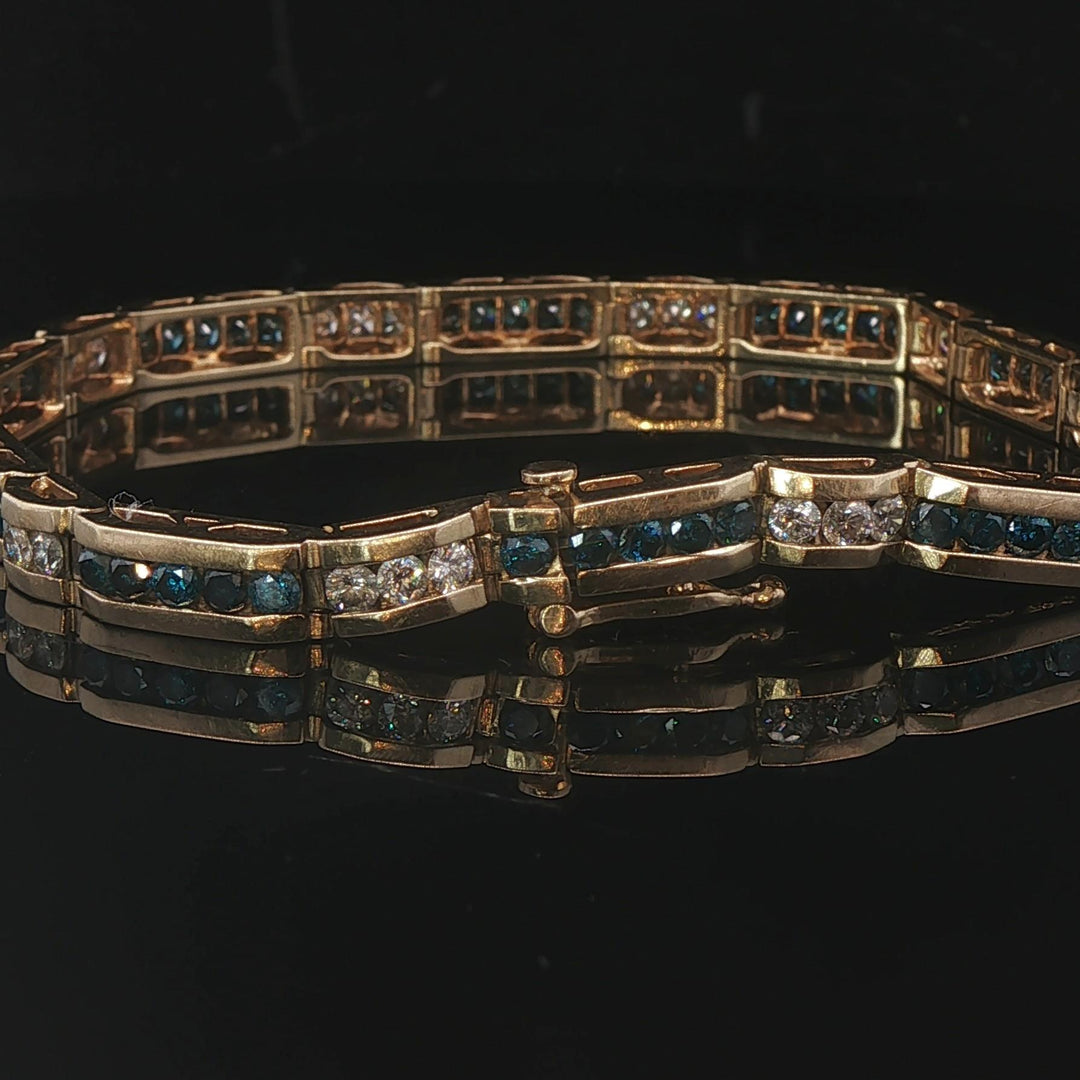 14k Yellow Gold and 4.5cttw Blue and White Diamond Bar Link Bracelet 7.25"