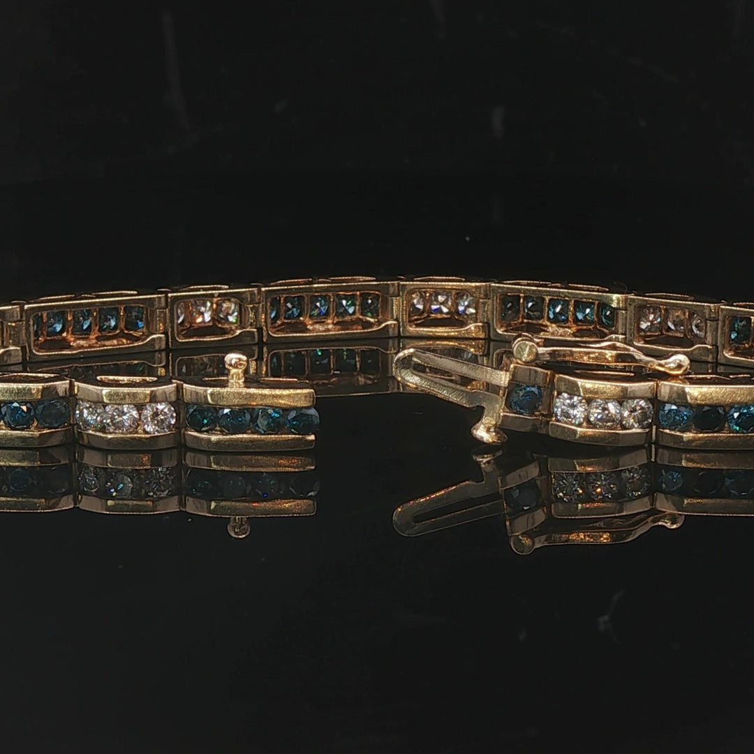 14k Yellow Gold and 4.5cttw Blue and White Diamond Bar Link Bracelet 7.25"