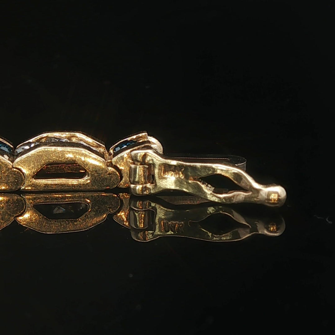 14k Yellow Gold and 4.5cttw Blue and White Diamond Bar Link Bracelet 7.25"