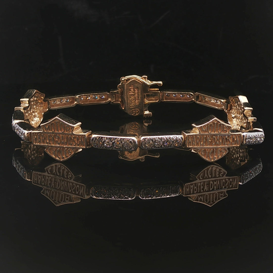14k Yellow Gold and 1cttw Diamond Vintage Harley Davidson Link Bracelet 7.5"