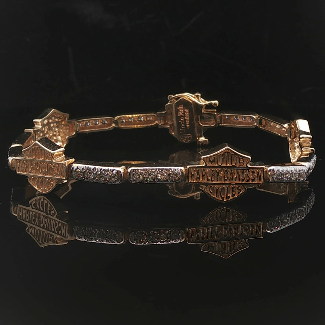 14k Yellow Gold and 1cttw Diamond Vintage Harley Davidson Link Bracelet 7.5"