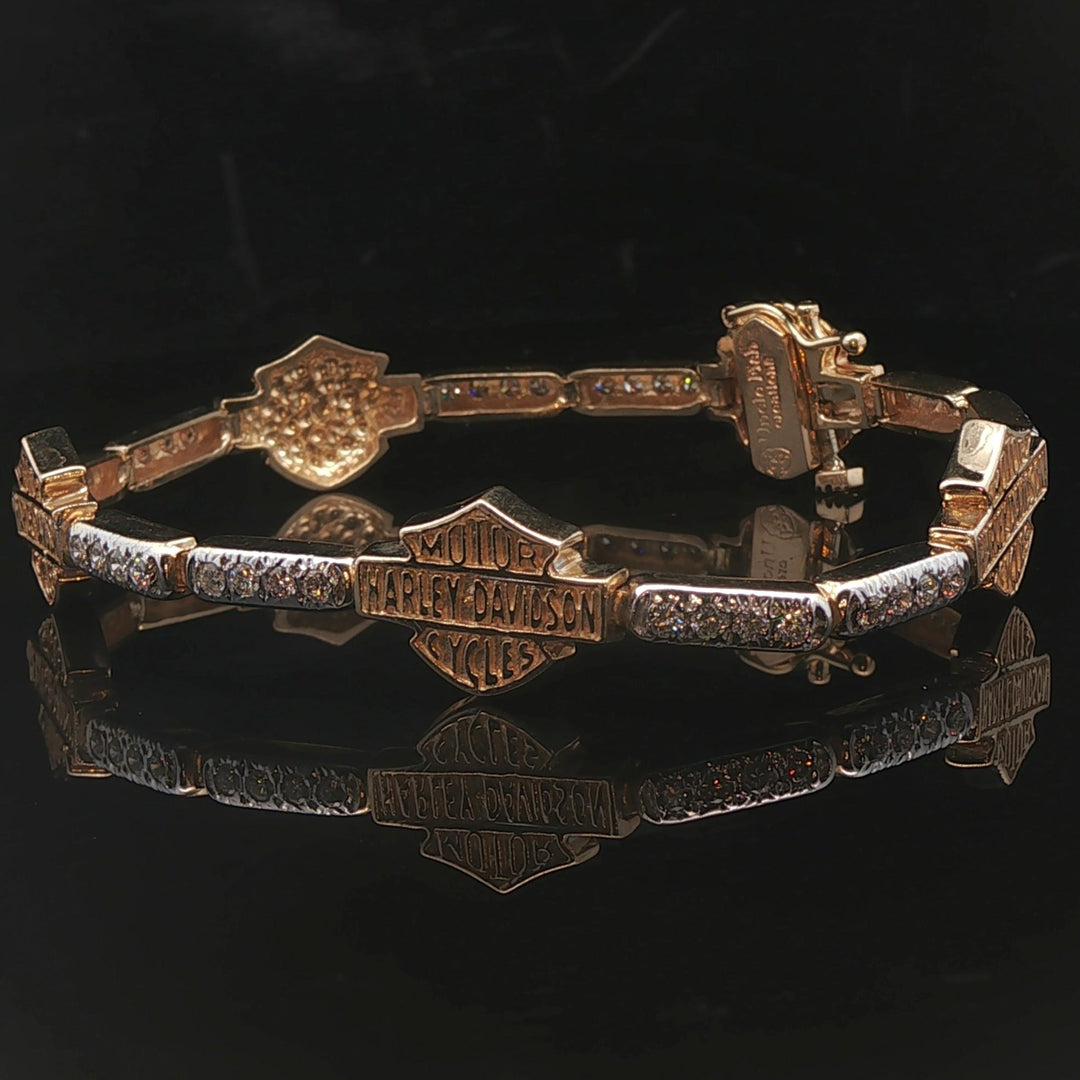 14k Yellow Gold and 1cttw Diamond Vintage Harley Davidson Link Bracelet 7.5"