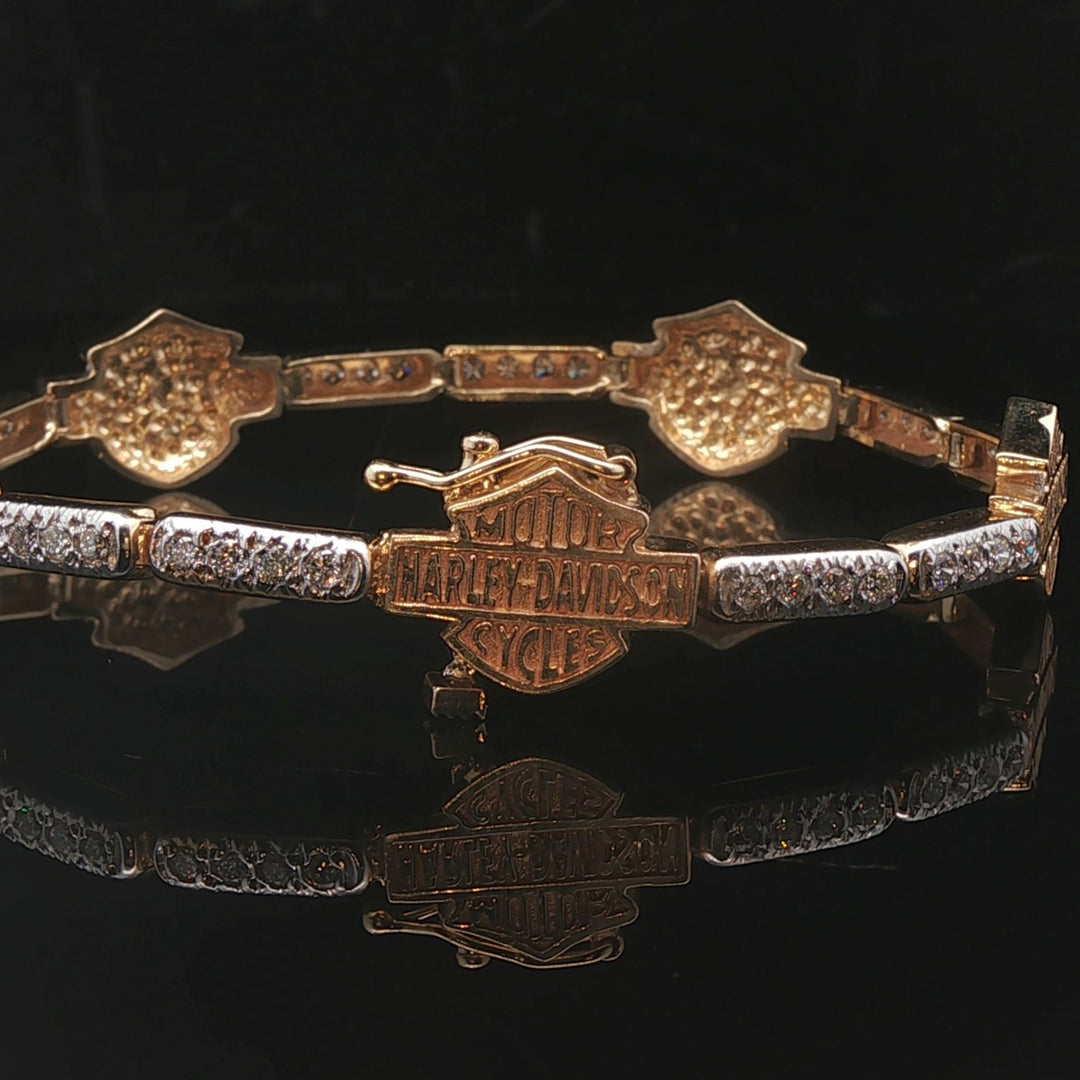 14k Yellow Gold and 1cttw Diamond Vintage Harley Davidson Link Bracelet 7.5"