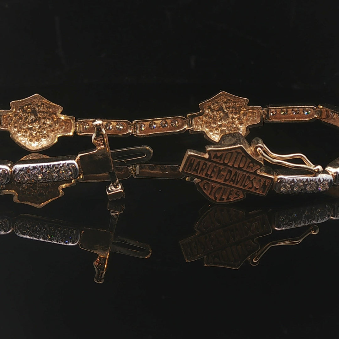 14k Yellow Gold and 1cttw Diamond Vintage Harley Davidson Link Bracelet 7.5"