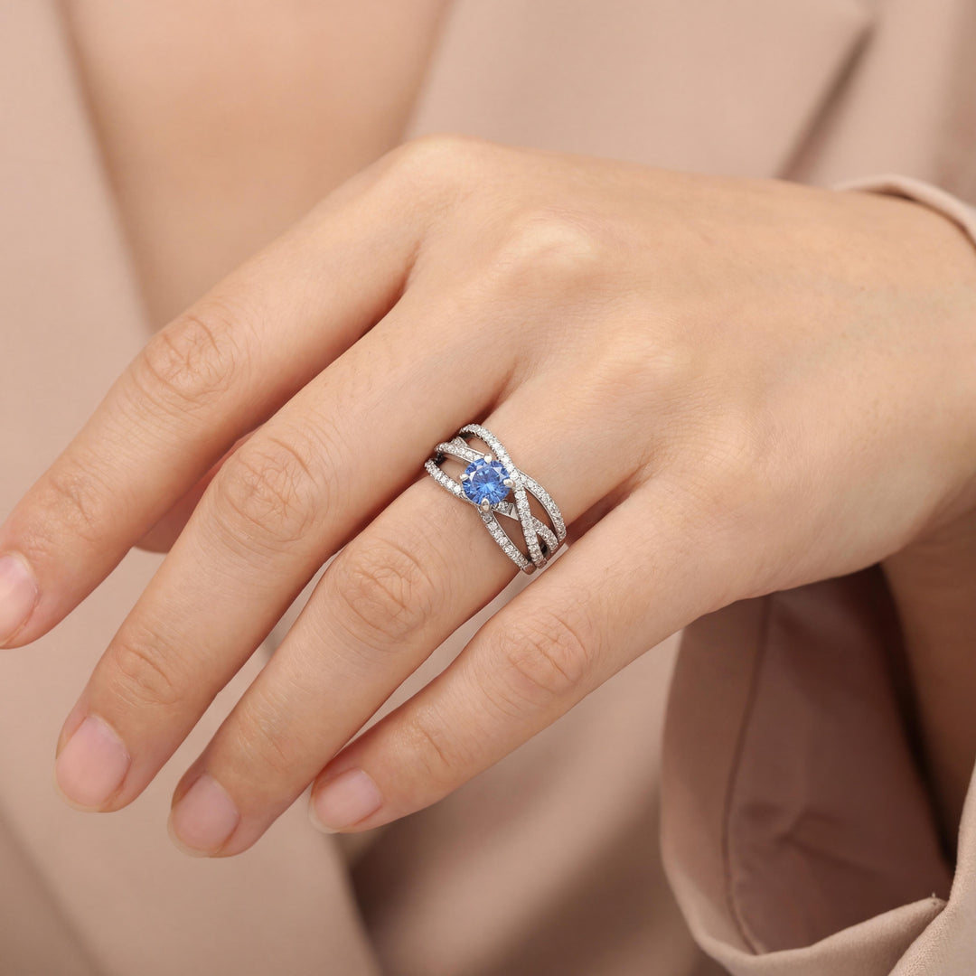 18k White Gold Ceylon Sapphire and 1cttw Diamond Crossover Band Ring Size 8.5