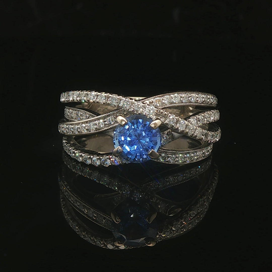 18k White Gold Ceylon Sapphire and 1cttw Diamond Crossover Band Ring Size 8.5