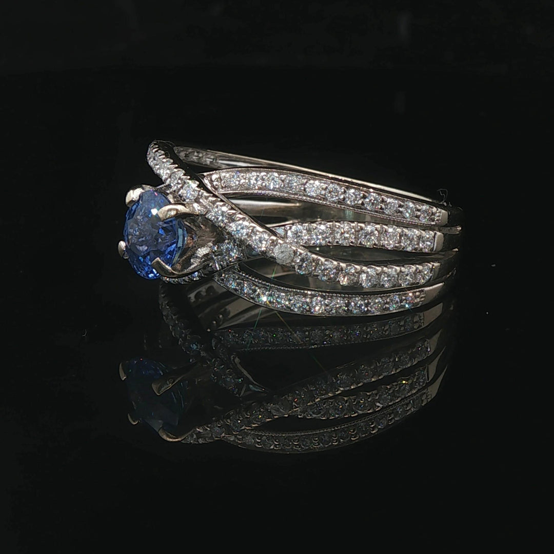18k White Gold Ceylon Sapphire and 1cttw Diamond Crossover Band Ring Size 8.5