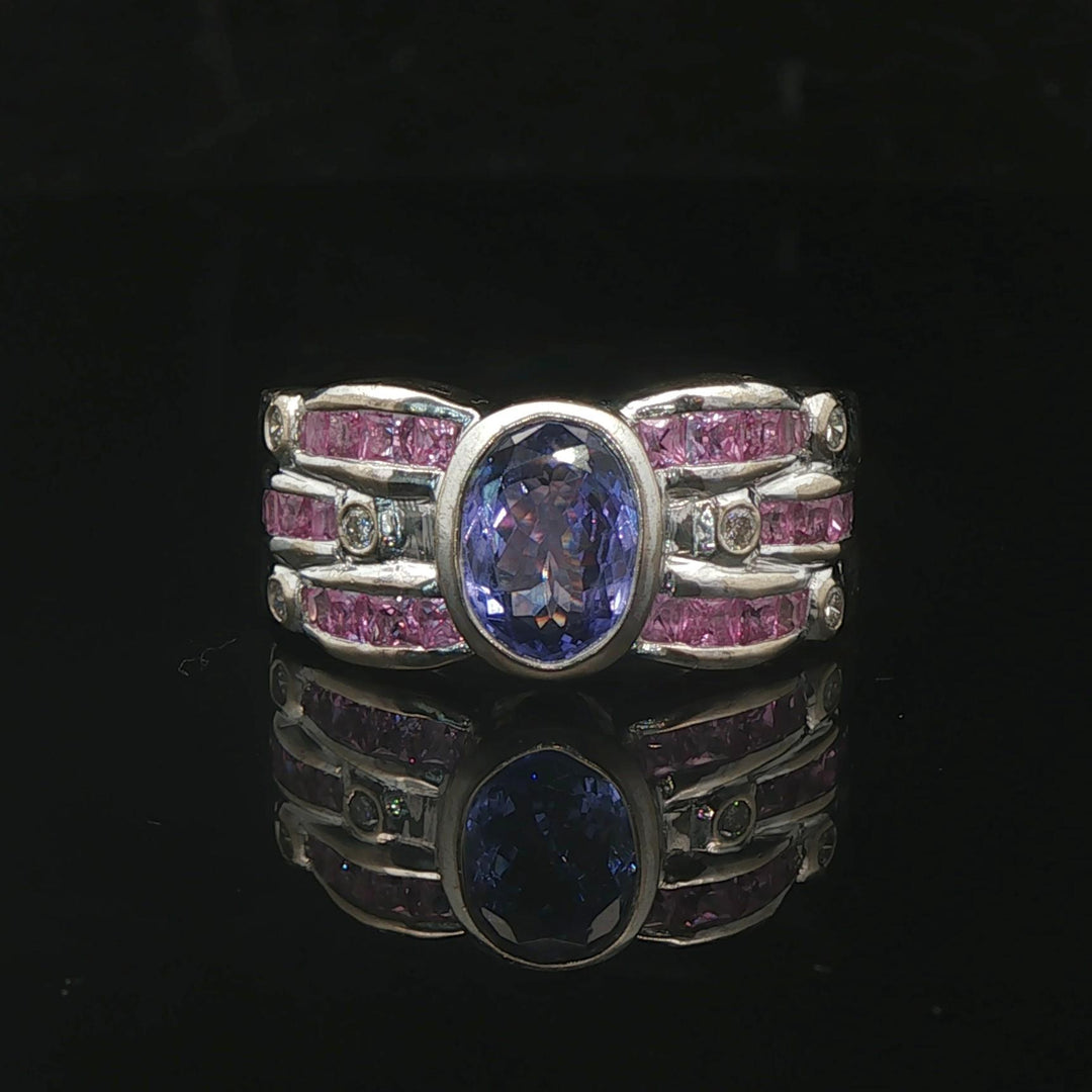 LeVian 18k White Gold Tanzanite Pink Sapphire and Diamond Band Ring Size 6.5