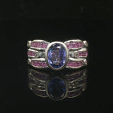 LeVian 18k White Gold Tanzanite Pink Sapphire and Diamond Band Ring Size 6.5