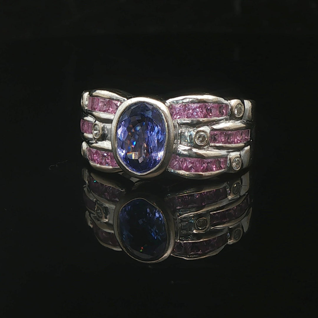 LeVian 18k White Gold Tanzanite Pink Sapphire and Diamond Band Ring Size 6.5