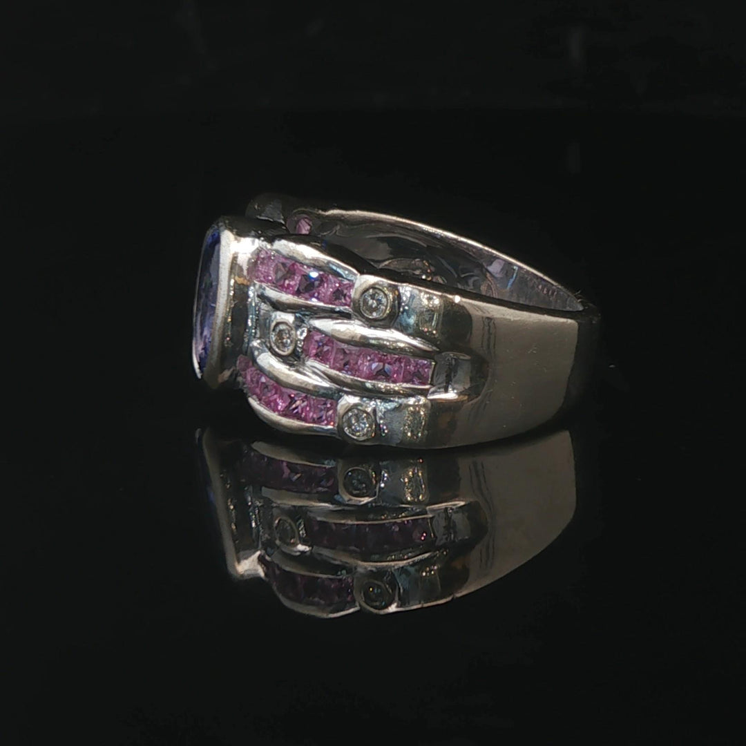 LeVian 18k White Gold Tanzanite Pink Sapphire and Diamond Band Ring Size 6.5