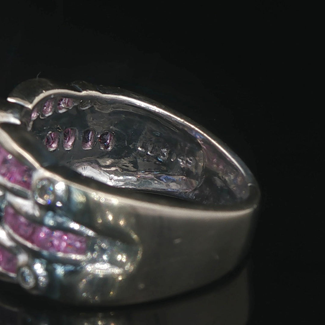 LeVian 18k White Gold Tanzanite Pink Sapphire and Diamond Band Ring Size 6.5