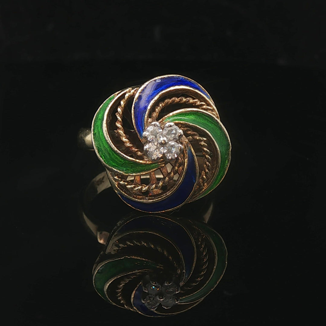 14k Yellow Gold Enamel and Diamond Vintage Swirl Ring Size 6.75