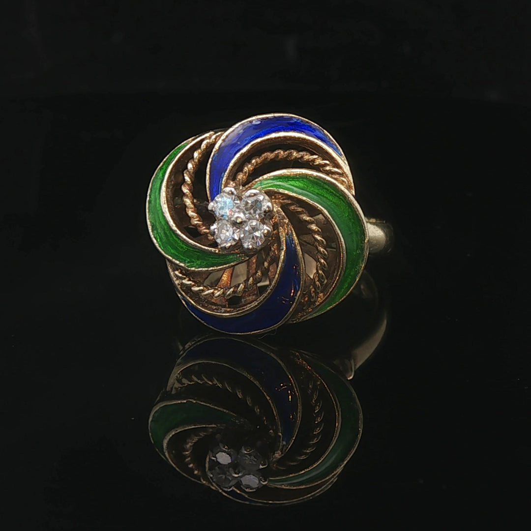 14k Yellow Gold Enamel and Diamond Vintage Swirl Ring Size 6.75
