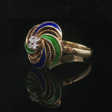 14k Yellow Gold Enamel and Diamond Vintage Swirl Ring Size 6.75