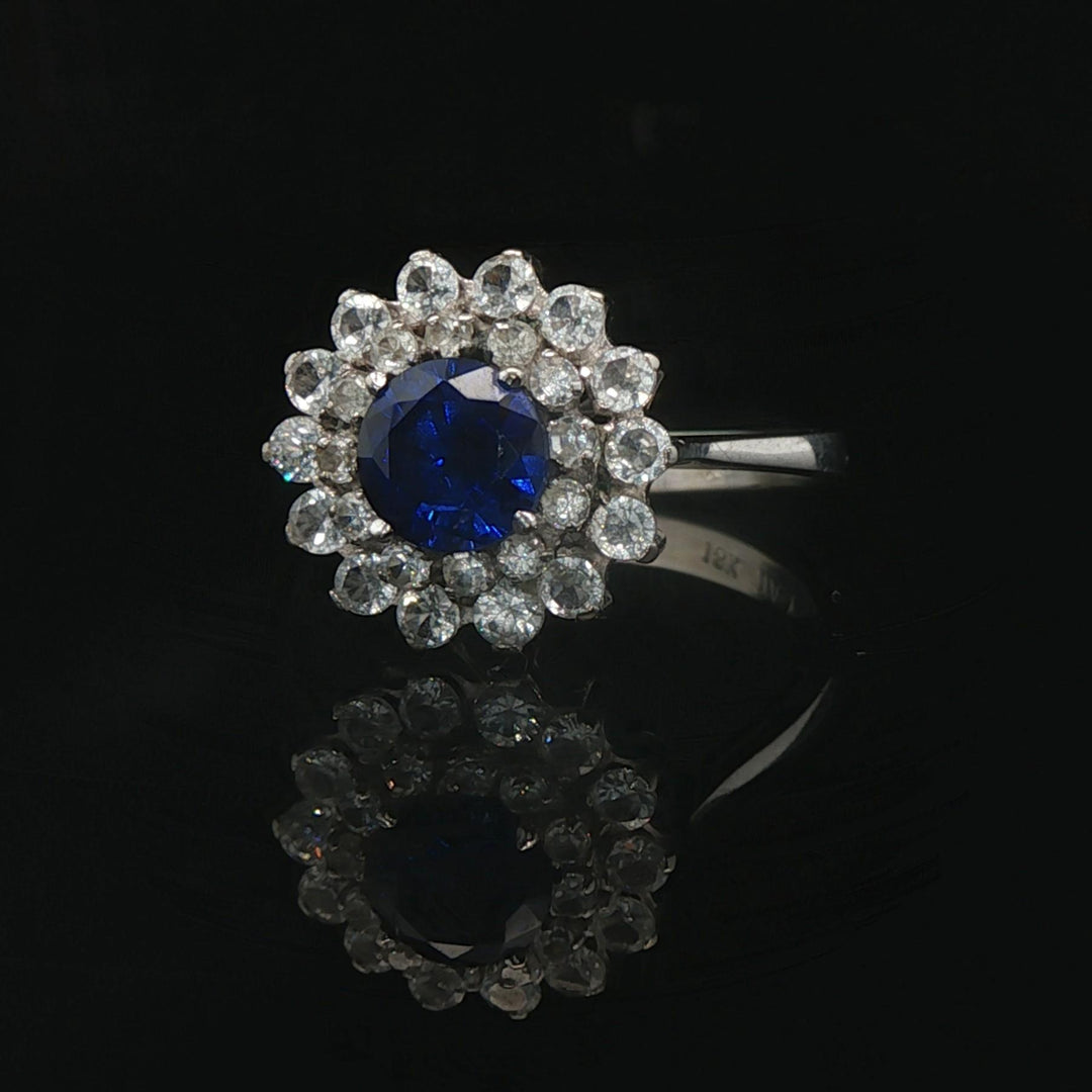 18k White Gold Ceylon Sapphire and Cubic Zirconia Halo Ring Italy Size 7.5