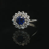 18k White Gold Ceylon Sapphire and Cubic Zirconia Halo Ring Italy Size 7.5