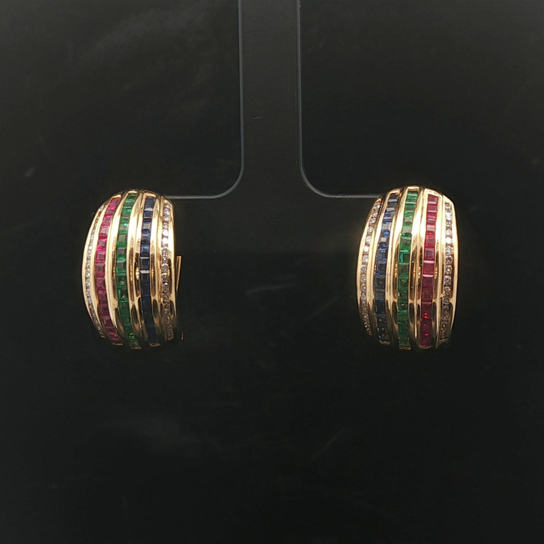 18k Yellow Gold Multi Gemstone and Diamond 12.4g Huggie Earrings