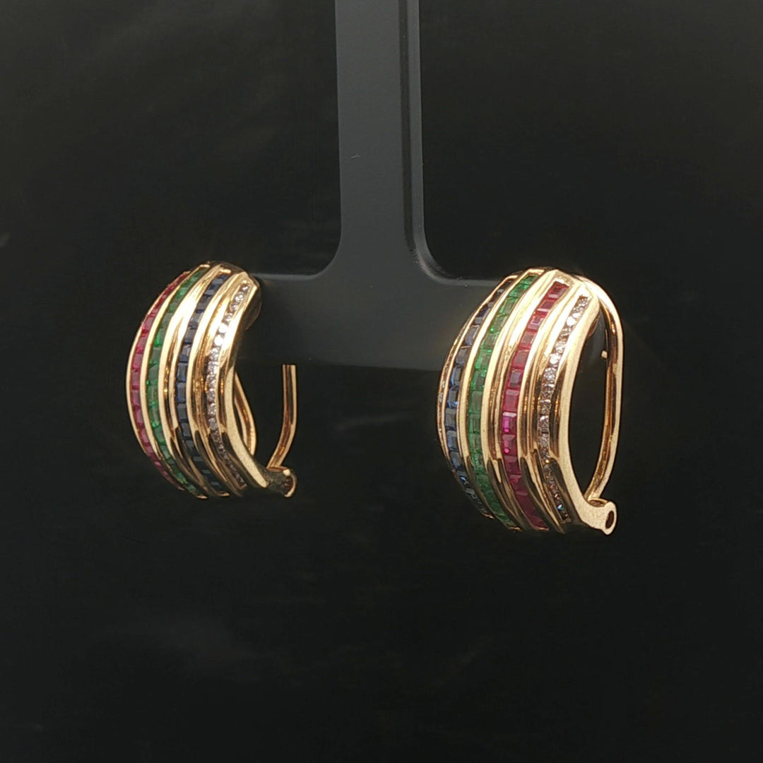 18k Yellow Gold Multi Gemstone and Diamond 12.4g Huggie Earrings