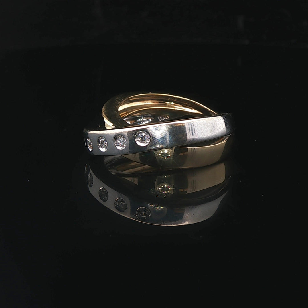 18k Yellow and White Gold Solid Diamond Crossover Band Ring Italy Size 6