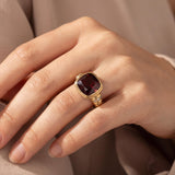 Judith Ripka 18k Yellow Gold Garnet and Diamond Greek Key Ring Size 9