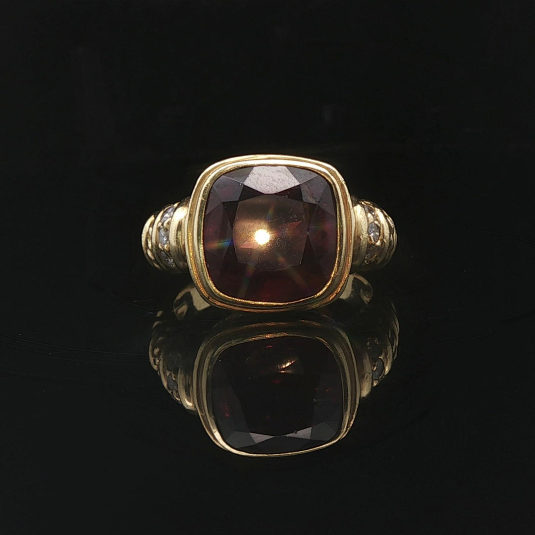 Judith Ripka 18k Yellow Gold Garnet and Diamond Greek Key Ring Size 9