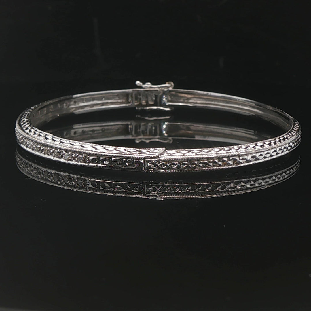 14k White Gold and Diamond 12.7g Solid Vintage Bangle Bracelet 7"
