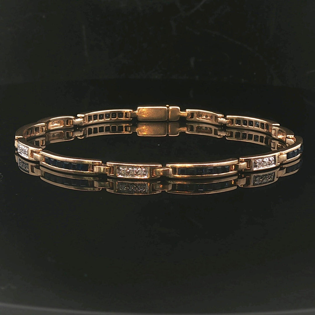 14k Yellow Gold Blue Sapphire and Diamond 10.5g Vintage Bar Link Bracelet 7.25"