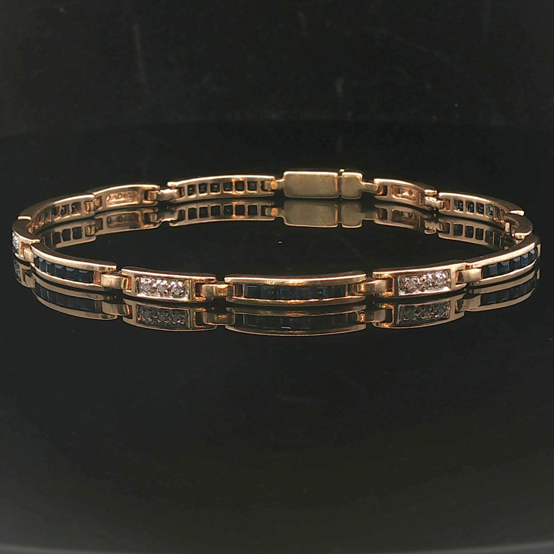 14k Yellow Gold Blue Sapphire and Diamond 10.5g Vintage Bar Link Bracelet 7.25"
