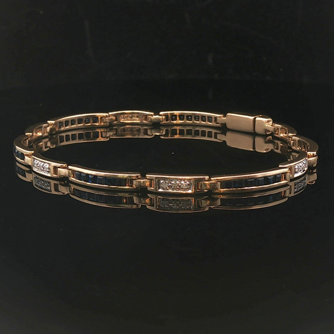 14k Yellow Gold Blue Sapphire and Diamond 10.5g Vintage Bar Link Bracelet 7.25"