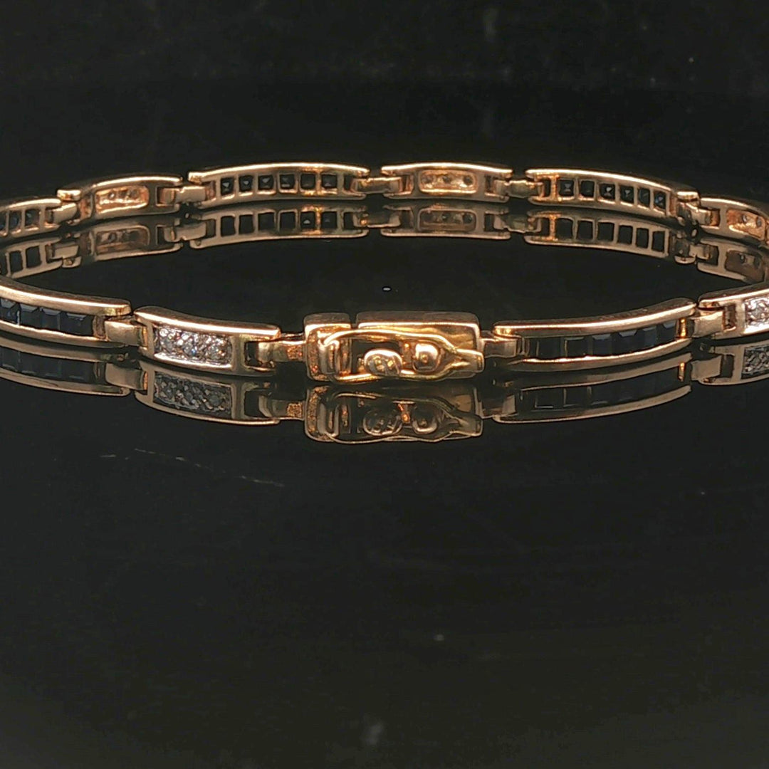 14k Yellow Gold Blue Sapphire and Diamond 10.5g Vintage Bar Link Bracelet 7.25"