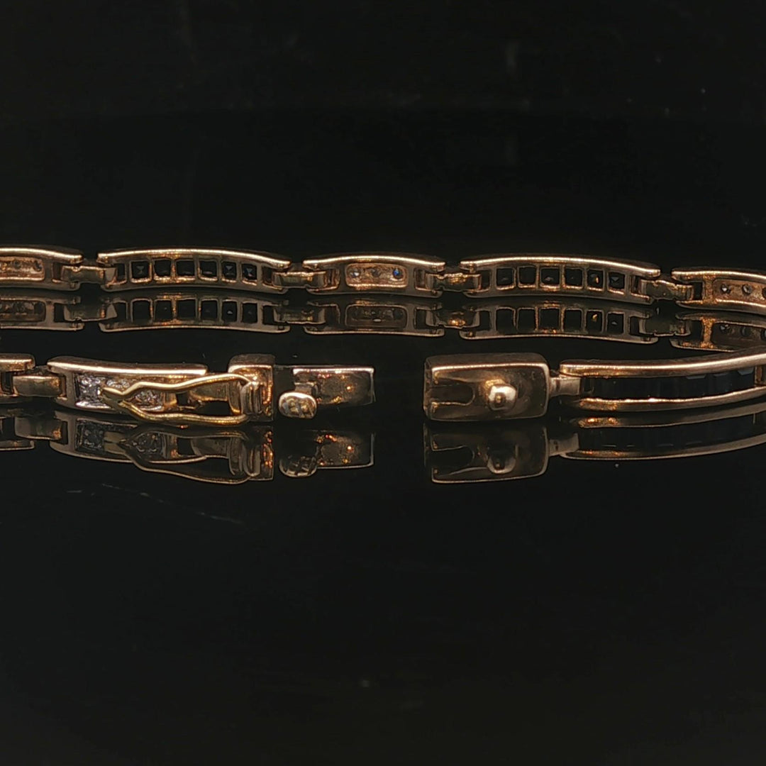 14k Yellow Gold Blue Sapphire and Diamond 10.5g Vintage Bar Link Bracelet 7.25"