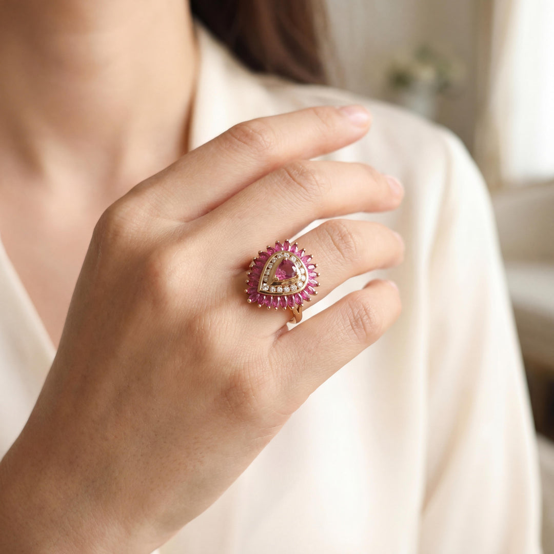 14k Yellow Gold Pink Sapphire and Diamond Halo Ring Size 7