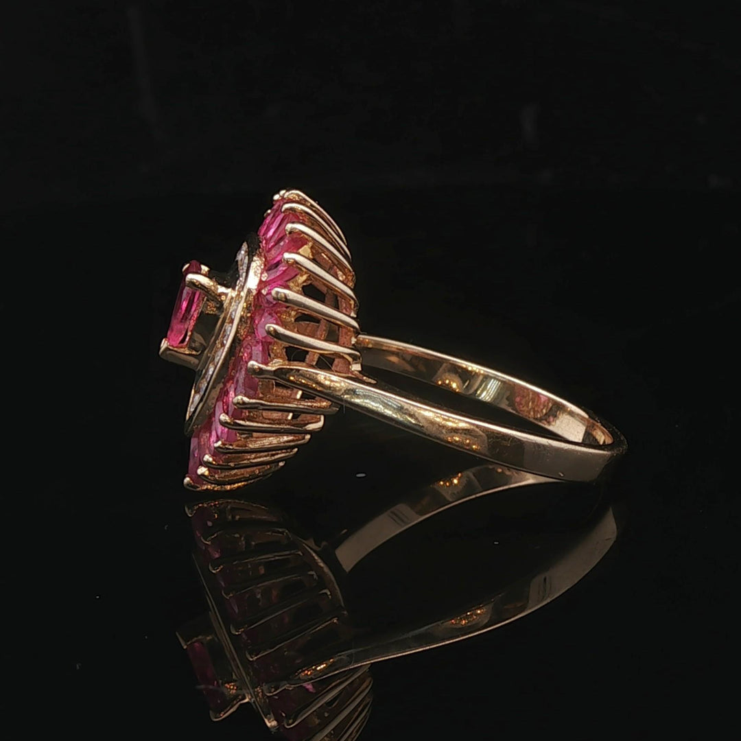 14k Yellow Gold Pink Sapphire and Diamond Halo Ring Size 7