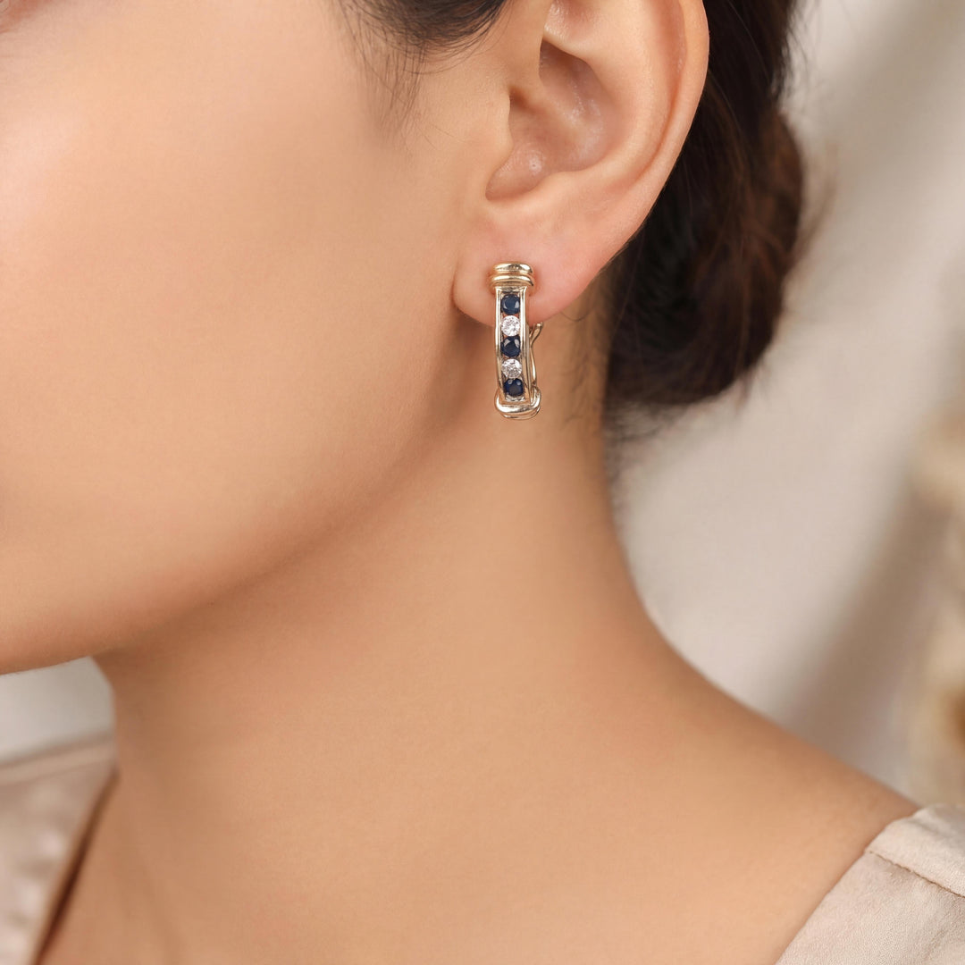 14k Yellow Gold Blue Sapphire and Diamond Vintage Hoop Earrings